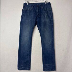 G-Star Jeans Mens 32x31 Blue 3301 Straight Raw Button Fly Denim whiskering‎ dark